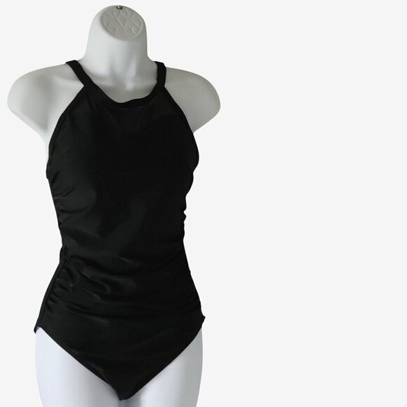 Charmo  Black Sexy Mesh Accent  Ruched Halter One-Piece Swimsuit - S - Picture 2 of 10